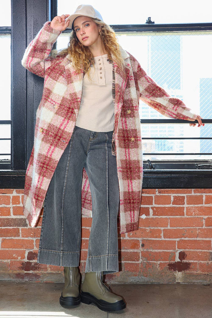 Oversized Plaid Soft Fuzzy Button Down Long Coat