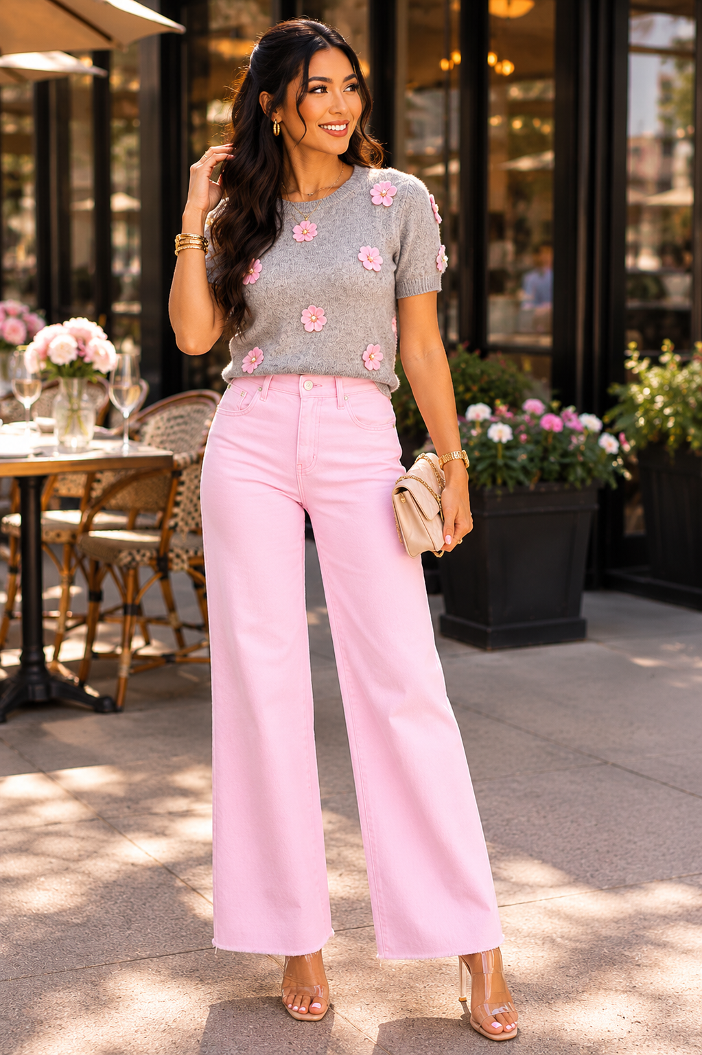 1822 Blush Pink Wide Leg Jeans | Mid Rise Cropped Raw Hem Denim